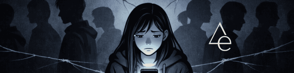 Smutne dziecko przeglądające social media, w tle nieznajomi ludzie